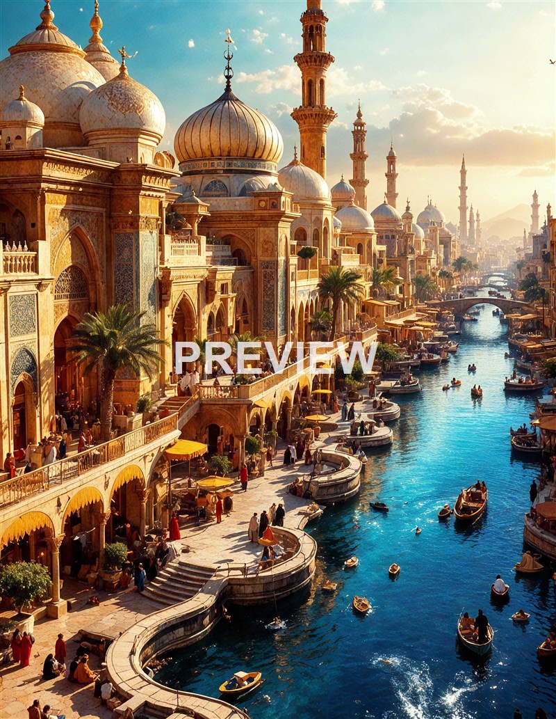 The image depicts a vibrant, bustling waterfront scene with ornate Middle Eastern architecture, including domed buildings and minarets, along a canal filled with small boats, under a bright sky.
